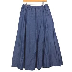 VTG Baby-O Chambray L Denim Maxi TIERED flowy Pull On Women Skirt BOHO Western